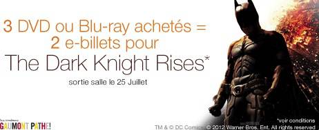 bon plan ciné batman the dark knight rises amazon : 3 dvd ou blu-ray achetés = 2 places gratuites pour voir the dark knight rises