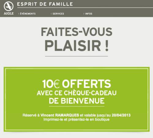 aigle 10? offerts aigle esprit de famille 10? offerts en chèque cadeau de bienvenue