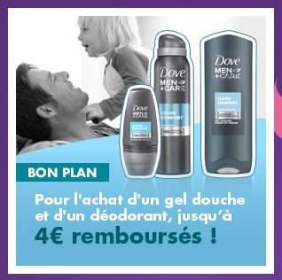 dove men care 4 euros remboursé dove men care 4 euros remboursés pour l'achat d'un déodorant et d'un gel douche