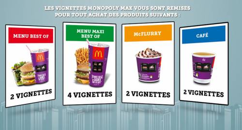 monopoly max mcdo 2012 : les vignettes à obtenir en fonction de vos achats chez mc donald's