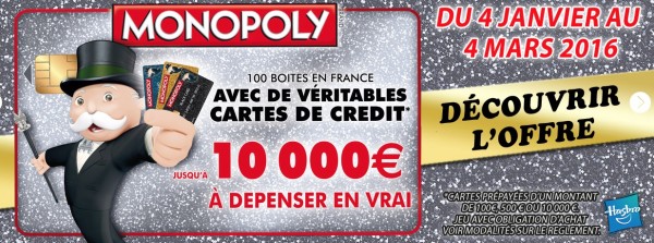monopoly carte bancaire visa avec jusqu'à 10 000 euros à gagner