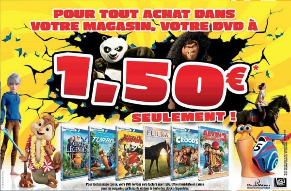 auchan opération dvd films d'animations et dessins animés dreamworks pour 1,5 euros avec turbo, les croods, kung fu panda, alvin, les 5 légendes
