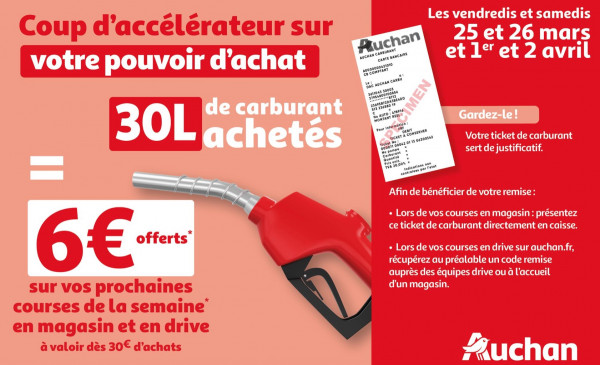 auchan bon d'achat carburant 6 euros en mars et avril 2022