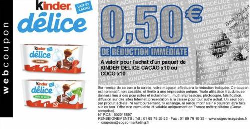 kinder délice : 0,5? de réduction à imprimer