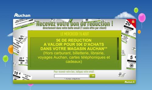 recevez un bon de réduction de 5? valable dans les magasins auchan ouvert le mercredi 15 août 2012