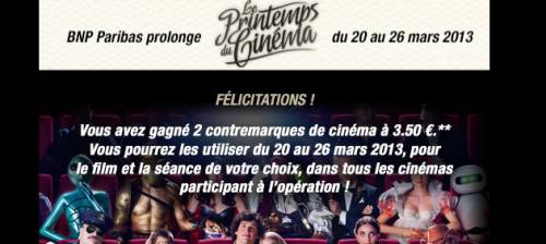 prolonger le printemps du cinéma 2013 : 200 000 contremarques à gagner avec bnp paribas