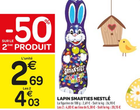 promo pâques 2013 chez carrefour avec 50% de réduction sur le chocolat smarties