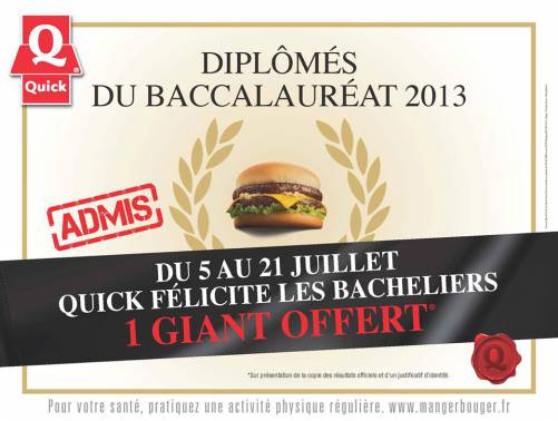 quick bac 2013 : un hamburger giant gratuit offert