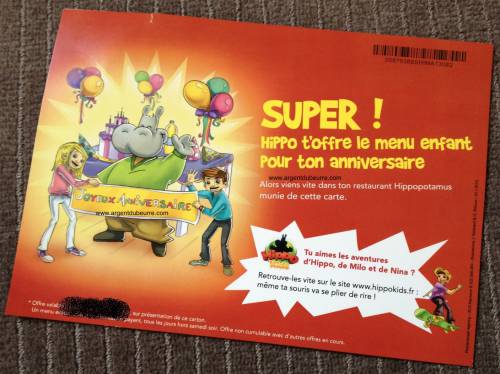 hippopotamus anniversaire enfant = menu enfant gratuit