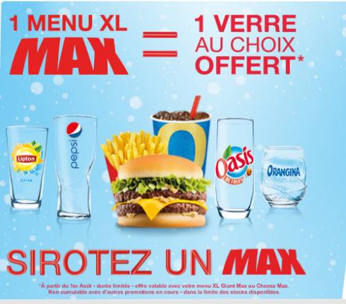 quick 1 menu xl max = 1 verre offert avec lipton, pepsi, oasis et orangina