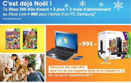 pack pc portable xbox 360 kinect darty noël 2011
