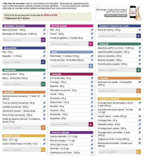 exemple d'une liste de courses générée à partir de la fabrique à menus