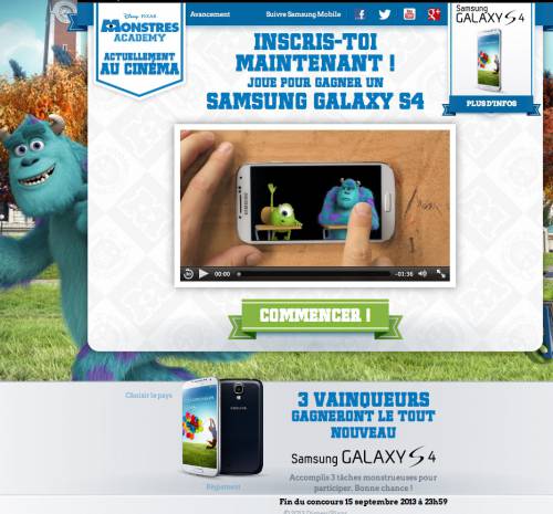 jeu-concours disney pixar monstres academy : 3 smartphones samsung galaxy s4 à gagner