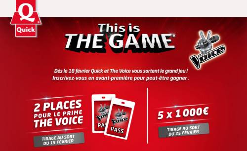 jeu quick the voice : this is the game gagner 5 x 1000? avec un code gratuit sans carte à gratter